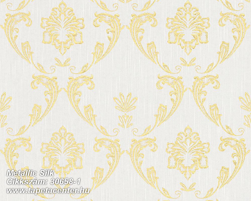 Barokk-klasszikus,csillámos,különleges felületű,különleges motívumos,valódi textil,arany,ezüst,szürke,vlies tapéta 